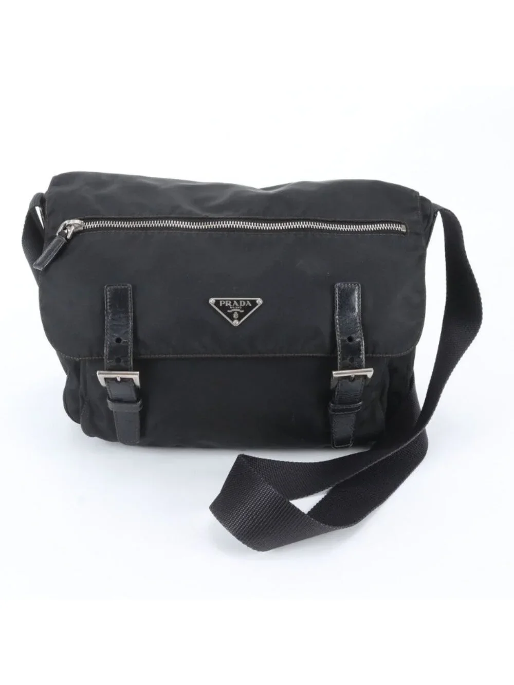 Prada Tessuto Nylon Triangle Logo Leather Shoulder Bag Crossbody Black